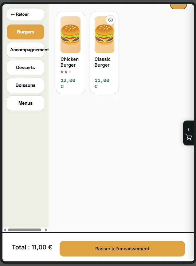 Une borne de commande Kerdos : les catégories à gauche, les burgers et le total du panier.