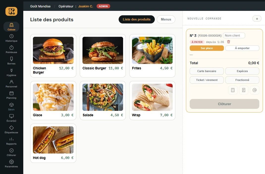 L'écran de caisse de Kerdos : burgers, frites, salade, wrap et desserts en photo à gauche, la commande en cours à droite avec les moyens de paiement.