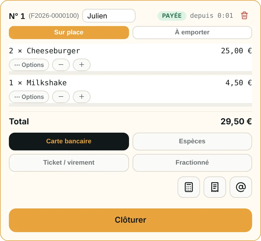 Une commande payée par carte bancaire dans la caisse Kerdos : deux cheeseburgers et un milkshake, avec le total et le bouton Clôturer.