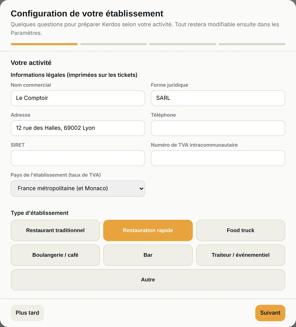 L'assistant de configuration de Kerdos : informations légales et choix de l'activité (restaurant traditionnel, restauration rapide, food truck, boulangerie ou café, bar, traiteur ou événementiel).